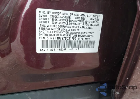 2007 Honda Pilot Ex-L z USA, uszkodzony, nr VIN 5FNYF18797B031705